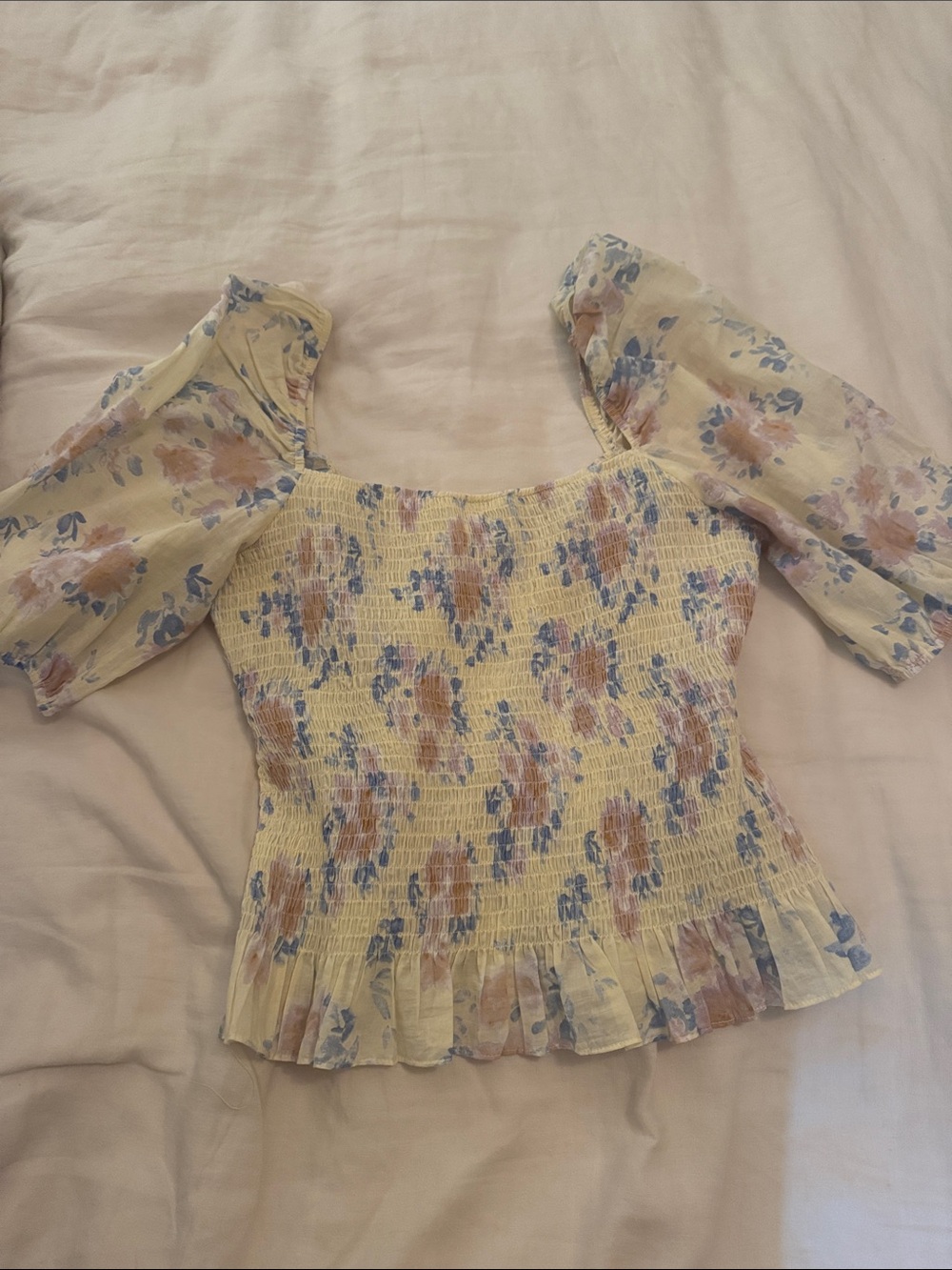 Heartloom Yellow Floral Smocked Puff-Sleeve Blouse
